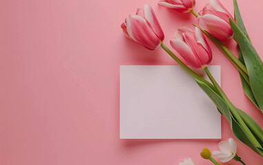 beautiful Blank paper card mockup with tulip flowers on pink background. Greeting card design concept
