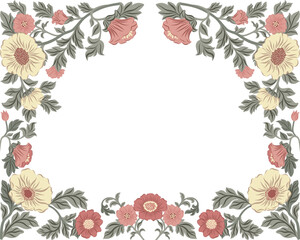 Vector illustration, floral frame on a white background. Hand drawn vintage flowers. Traditional motif