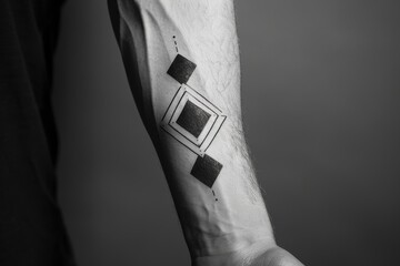 Black and white photo of a mans arm showcasing a geometric tattoo design, A minimalist black and white geometric design on the forearm