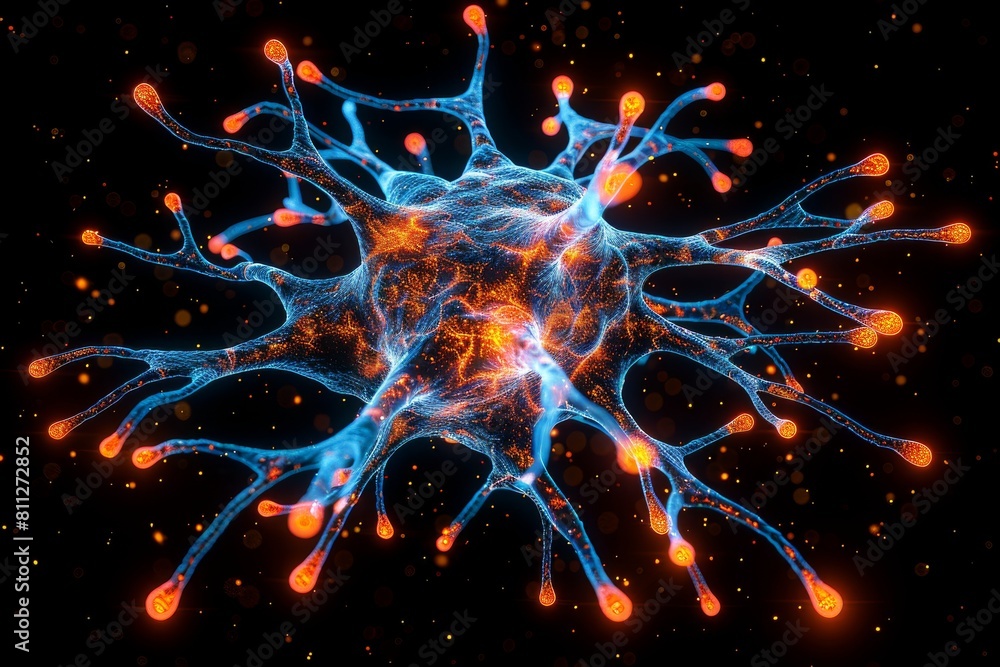 Poster the image depicts a neuron with its synaptic connections illuminated, representing neural activity a