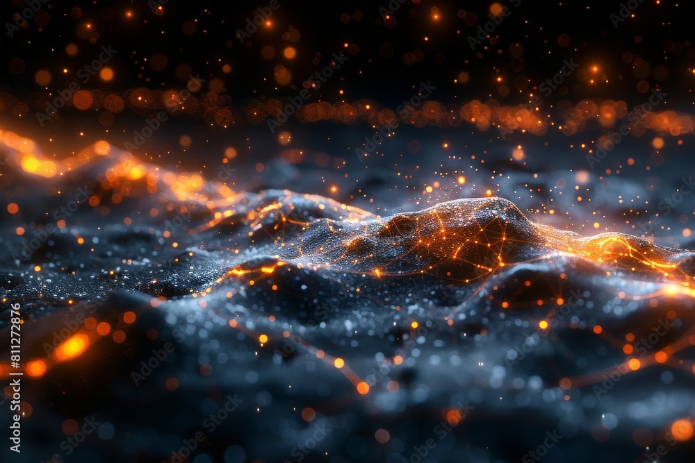 Aufkleber an artistic representation of glowing particles forming wave-like patterns with a bokeh effect in th