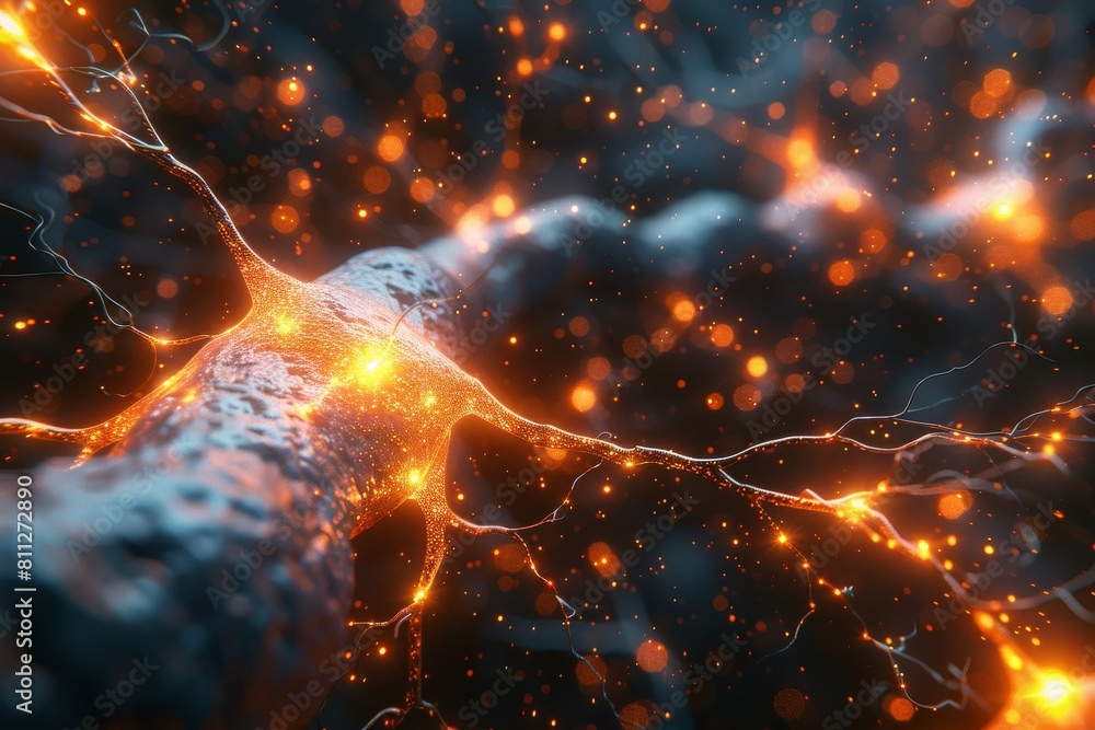 Poster this image shows a close-up of a nerve cell with electrical impulses simulating synaptic transmissio