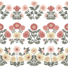 Seamless border. Vector illustration with vintage flowers on a white background. Hand drawn vintage flowers. Traditional motif