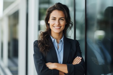 A Visionary Female Entrepreneur Standing Proudly Before the Glass Facade of Her Innovative Startup Office, Symbolizing Empowerment and Success in the Tech Industry