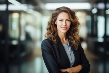 Naklejka premium A Confident Female Marketing Executive Standing Proudly in Front of Her Innovative Marketing Agency's Glass Facade