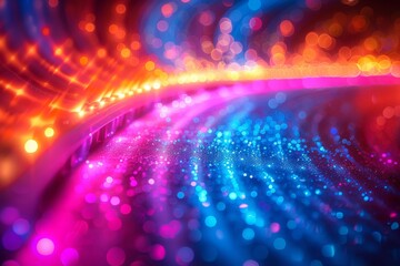 Obraz premium Bokeh lights form waves of red, blue, and purple hues, creating an impression of a digital ocean of light and color, symbolizing connectivity in motion