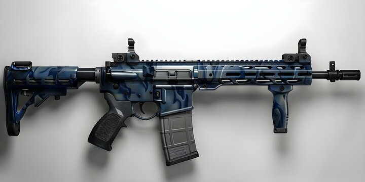 D Rendered Assault Rifle with Blue and Black Details on White Background. Concept 3D Rendering, Assault Rifle, Blue and Black Details, White Background