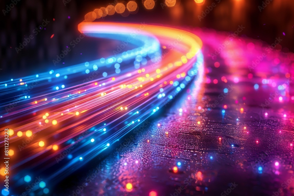 Poster this image captures the vibrant and colorful neon light trails that glow on a wet street, creating a