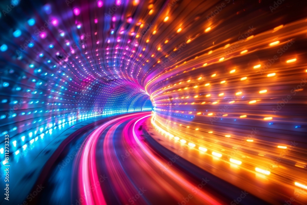 Poster highlighting an abstract light motion in a colorful neon-lit tunnel, emphasizing speed and futuristi