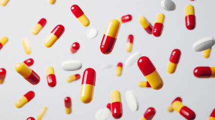 photo of red and yellow medicine capsules fall down on a light white studio background