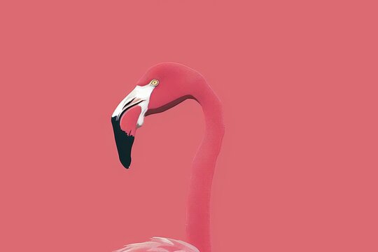 A pink flamingo standing elegantly in front of a pink backdrop, A minimalist depiction of a flamingo's elegant neck and head