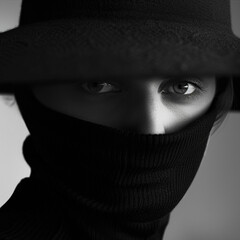 The image is a black and white portrait of a person, tightly cropped to show only a portion of their face. 