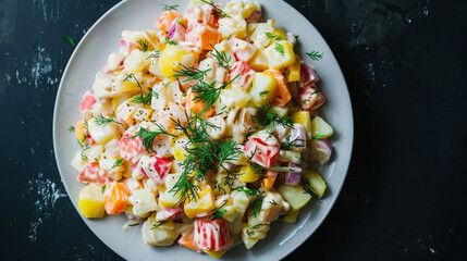 Traditional estonian potato salad with a pop of color and garnished with dill, showcasing the country's culinary heritage
