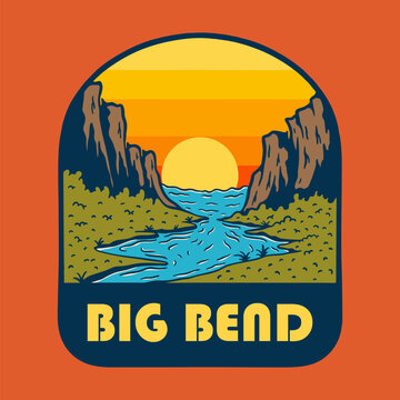 SUNSET ON BIG BEND NATIONAL PARK BADGE LOGO DESIGN VECTOR ILLUSTRATION
