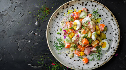 Elegant plating of estonian potato salad with salmon, eggs, and fresh herbs, captured on a dark, textured tabletop setting