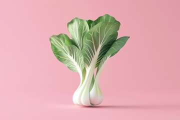 A vibrant green bok choy leaf contrasts beautifully against a soft pink background, A minimalist design featuring bok choy as the focal point