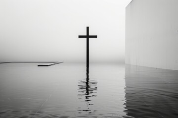 Black and white cross standing in calm water, casting a reflection on the surface, A minimalist design featuring symbols of repentance and reflection