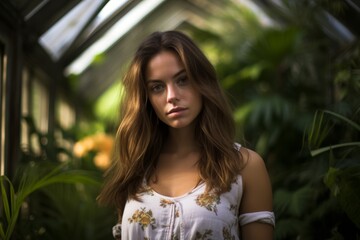 Fototapeta premium A Serene Portrait of a Young Woman Embracing Nature's Beauty in the Lush Greenery of a Sprawling Botanical Garden Oasis