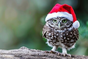 Christmas owl in santa hat on festive background for ads, postcards, with space for text