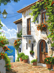 Traditional Spanish Mediterranean style house, traditional Spanish terrace flat style illustration 