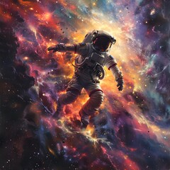 Captivating Cosmic Ballet of an Ethereal Astronaut Adrift in a Vibrant Nebula of Celestial Splendor