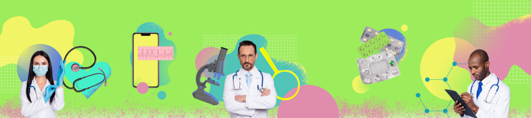 Composite artwork collage image of medical scientist people research isolated on creative green...