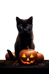 Cute black cat and glowing carved Jack-o'-lantern pumpkin. Isolated transparent background. Halloween season concept. Cute baby kitten with big round glowing eyes. Full view.