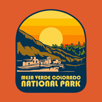 SUNSET ON MESA VERDE COLORADO NATIONAL PARK BADGE LOGO DESIGN VECTOR ILLUSTRATION