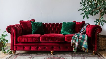 A red velvet couch with green pillows and a plaid blanket on it