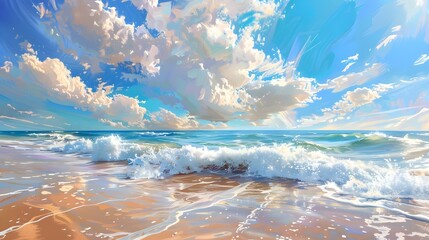 Captivating Seascape Panorama Vibrant Waves Radiant Skies and Tranquil Shores