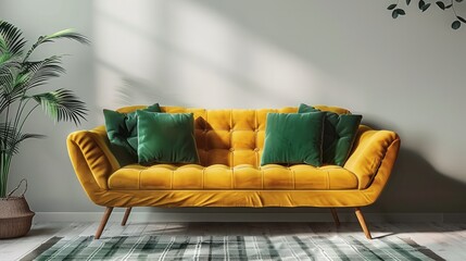A yellow couch with green pillows sits in front of a wall