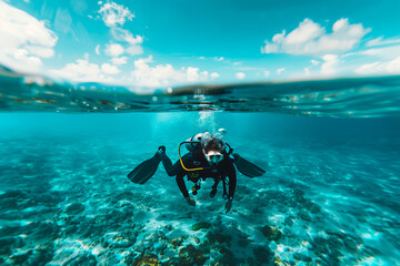Split-Frame of Scuba Diver Above and Below Ocean Surface. Aquatic sports, summer and vacation concept.