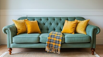 A green couch with yellow pillows and a yellow blanket on it