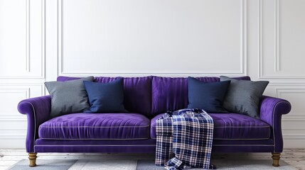A purple couch with pillows and a blanket on it
