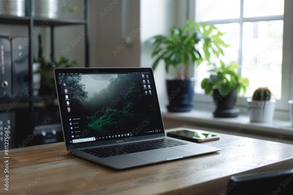 Poster a laptop computer with a seamless touchscreen resting on a wooden desk, a minimalist laptop with a s