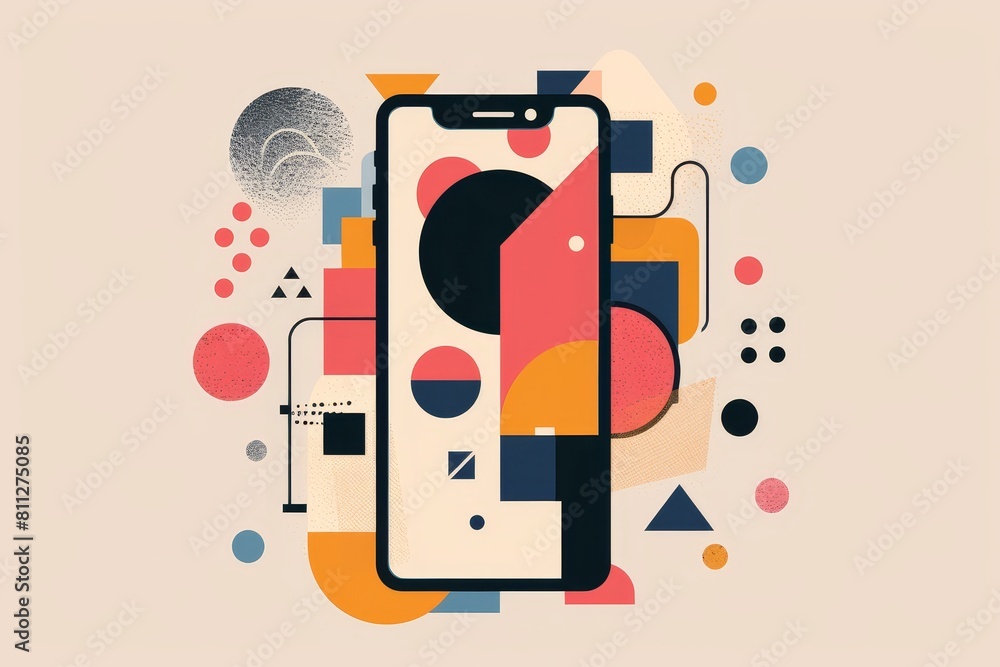 Poster smartphone with a screen showing an abstract geometric design of lines and shapes, a minimalist illu