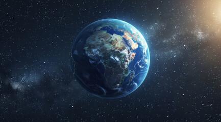 Obraz premium Space, universe and earth in galaxy with dark background for adventure, orbit exploration or fantasy. Night, planet and wallpaper of interstellar solar system for astrology, astronomy or cosmos