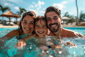 Family Fun: Candid Shot of Family, Father, Mother and Kid, Enjoying Playtime in the Pool on Vacation
