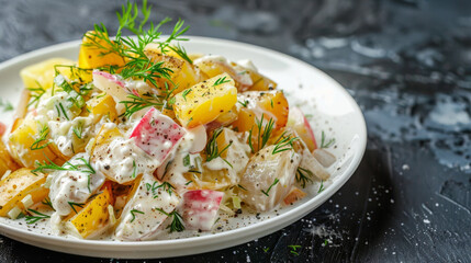 Savory estonian potato and herring salad topped with fresh dill, presented on a white platter against a dark backdrop