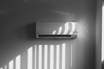 A wall mounted air conditioner installed on a white wall indoors, A minimalist representation of air conditioner controls and settings