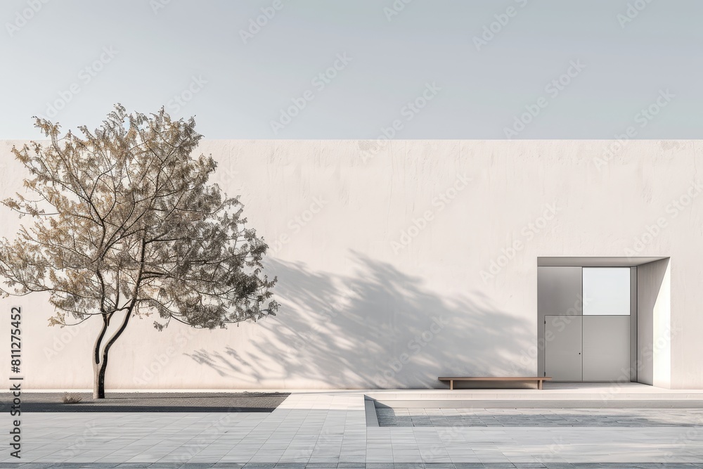 Poster a white building stands tall with a tree in front of it, a minimalist school building with clean lin