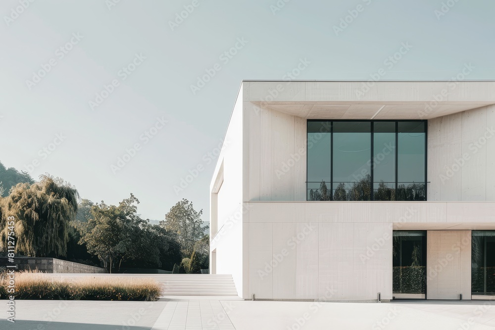 Poster a large white building with numerous windows, showcasing a minimalist design and clean lines, a mini