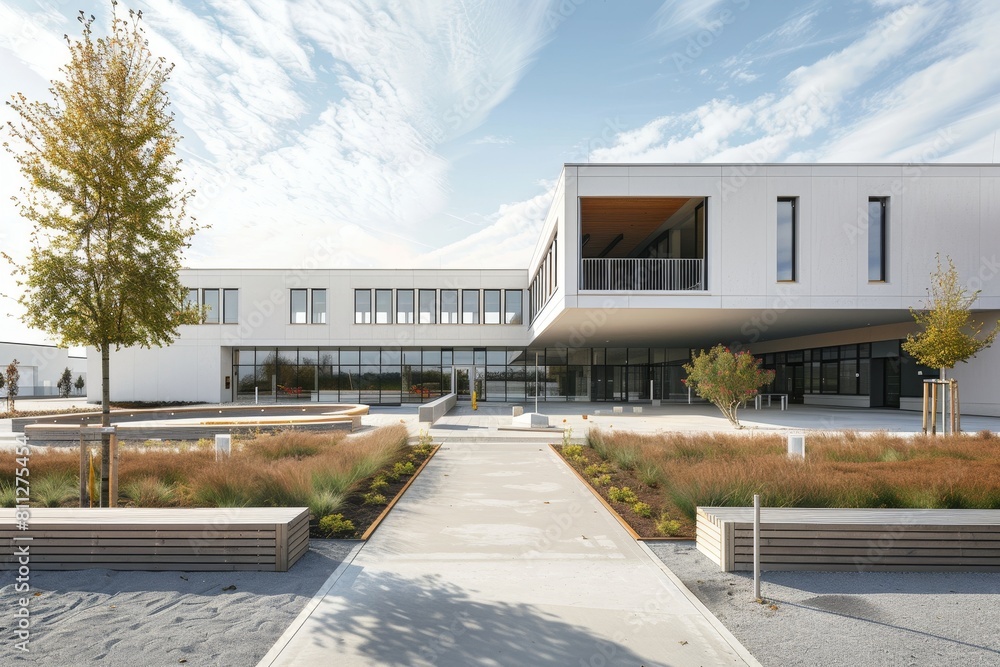 Poster a minimalist school building with clean lines and numerous windows, a minimalist school building wit