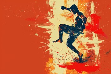 A painting featuring a person running against a red and yellow background, capturing movement and energy, A minimalist representation of the grace and strength of a Muay Thai fighter
