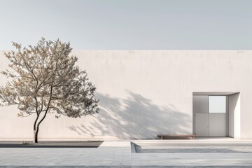 A white building stands tall with a tree in front of it, A minimalist school building with clean lines and neutral color palette - Powered by Adobe