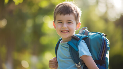 Criança feliz com uma mochila nas costas ao ar livre - wallpaper HD