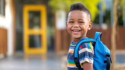 Criança feliz com uma mochila nas costas ao ar livre - wallpaper HD