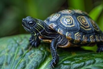 Fototapeta premium Small turtle with geometric shapes and patterns resting on a green leaf, A minimalist turtle with geometric shapes and patterns on its shell