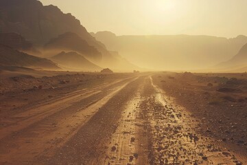 A dirt road stretches through a barren desert landscape with no signs of life, A mirage shimmering in the distance, teasing travelers with false hope