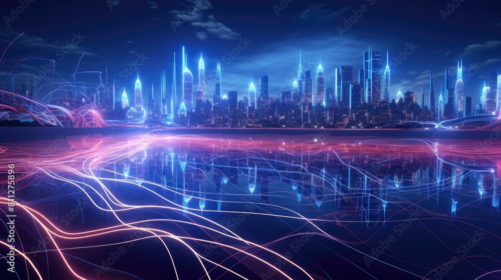 Wall mural Futuristic cityscape rendered in glowing 3D lines and patterns